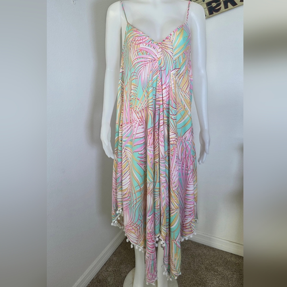 New Goa Beachwear Japna Pink Tropical Pom Pom Hem  Cover Up Dress L Swim Beach